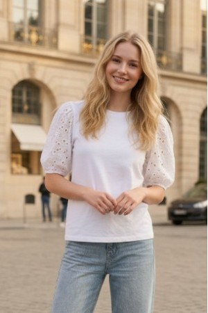 Eyelet Embroidery On The Puff Sleeve Cotton Top VT83681