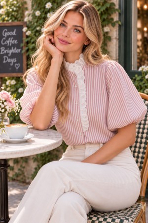 Classic Striped & Lace Accent Neck Feminine Blouse VT83731A
