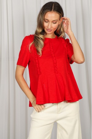 Ruffle Detailing Short Sleeve Flounce Hem Cotton Top VT83842
