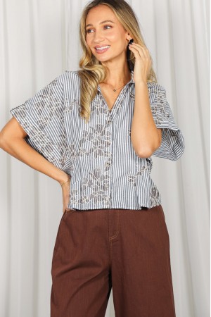 Floral Embroidery Overlaying Striped Pattern Blouse VT83845